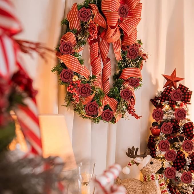 IPOPU Red Roses Artificial Flowers, 25pcs Foam Glitter Roses Fake Roses with Stem for DIY Wedding Bridal Bouquet Home Party Decoration(Red)