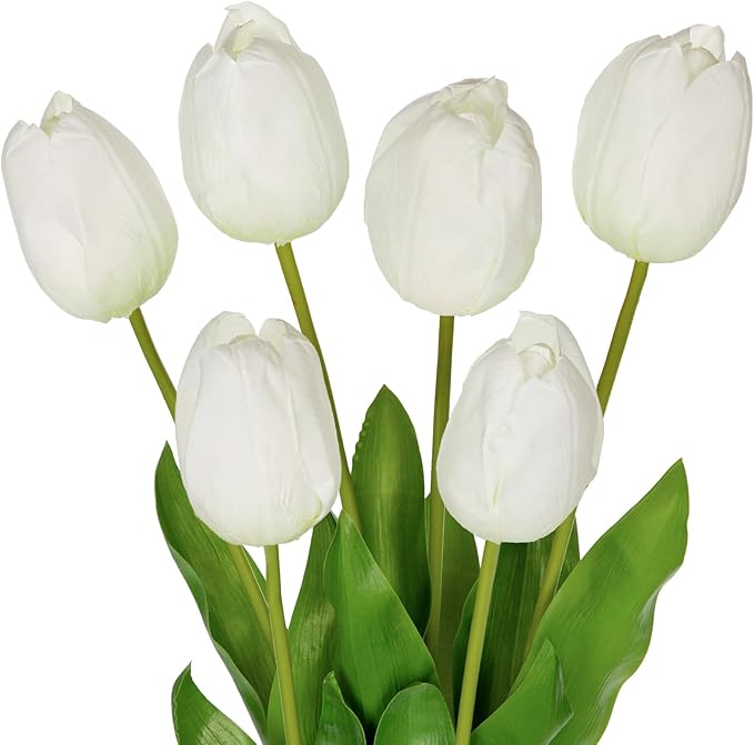 6PCS 23" Fake Tulip Flowers Artificial White Tulips Long Stem Faux Flower, Silk Flower Décor for Floral Arrangement Home Farmhouse Wedding Decoration