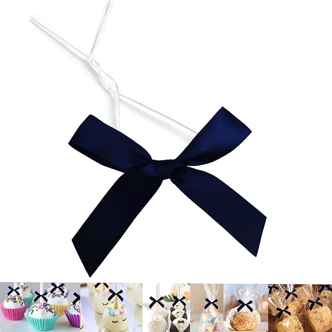 50 PCS 3 Inches Satin Bow Twist Ties, Ribbon Twist Tie Bows for Treat Bags, Pretied Bows, Twist Bows, Tied Bows with Wire, Pre Tied Ribbon Bows for Baby Shower, Favors, Popcorn (Navy Blue)