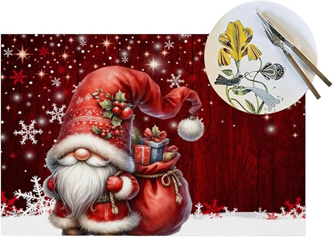 PVC Placemats Set of 4 Wipeable Table Mats Washable Heat Resistant Non Slip Vinyl Dining Table Mat for Kitchen Indoor Outdoor Patio Farmhouse Place Mats Red Santa Claus Gnome Decorative