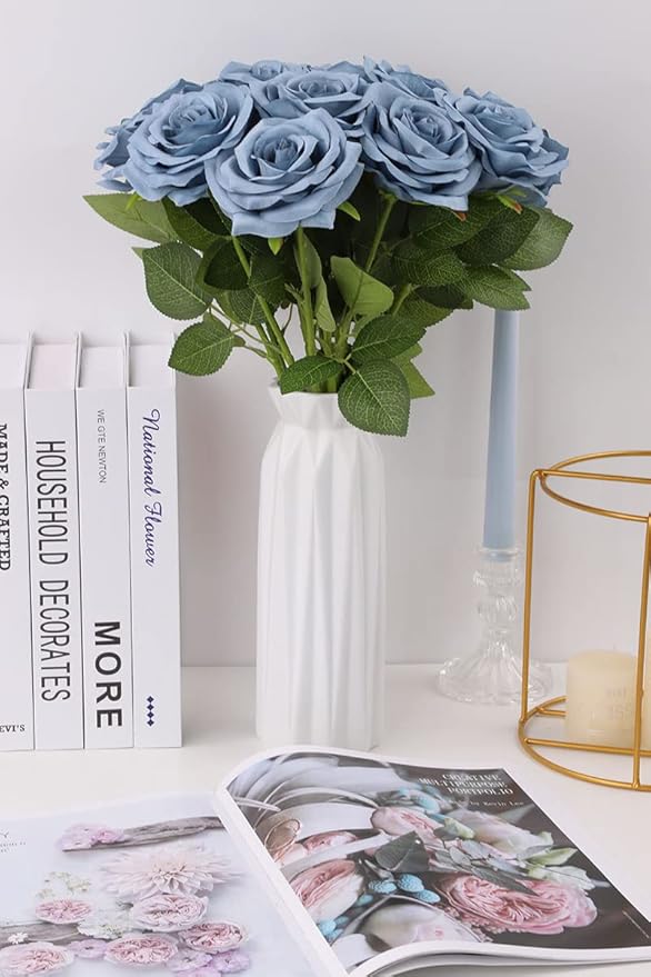 Artificial Rose Flower Dusty Blue Flowers Dusty Blue Roses Silk Flowers 50 pcs with Long Stem Silk Roses Bouquet for Wedding Bridal Shower Party Home Decoration