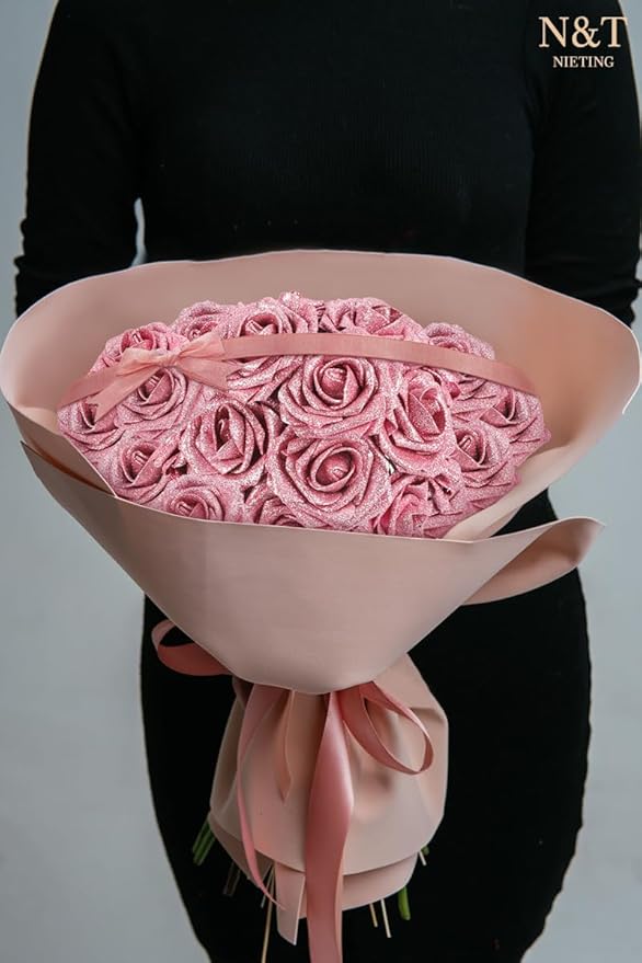 N&T NIETING Artificial Flowers Glowing Dark Pink Flowers Foam 25pcs Glitter Roses Real Looking Fake Roses with Stem for DIY Wedding Bouquets Centerpieces Bridal Shower Party Home Decorations