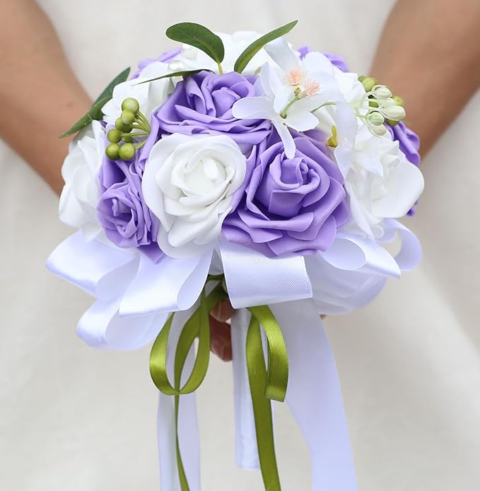 Lightweight Bridal Wedding Bouquet Round Holding Bouquet Throw Toss Artificial Rose Flower Bunch for Bride Bridesmaid Wedding Quinceanera (White & Mid Purple, 7.9")
