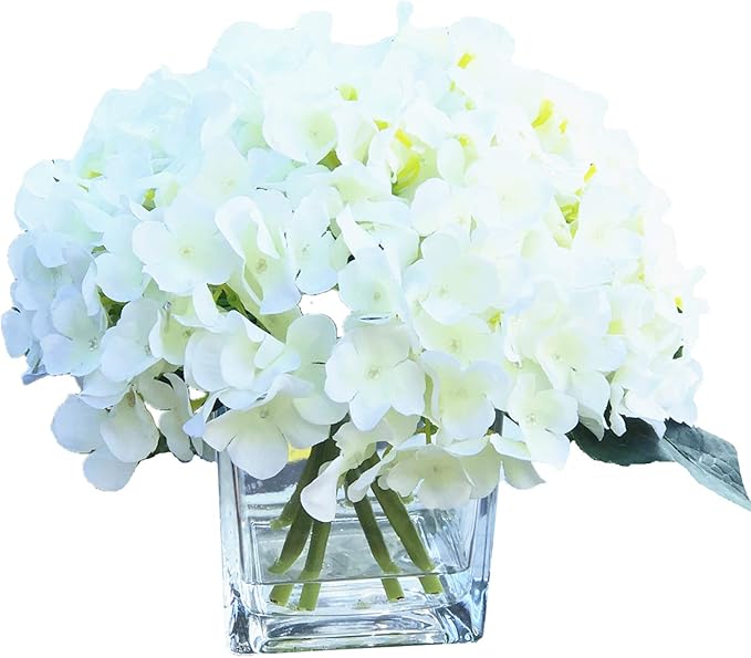ENOVA HOME Artificial Hydrangea Silk Flowers Arrangements in Cube Glass Vase for Home Wedding