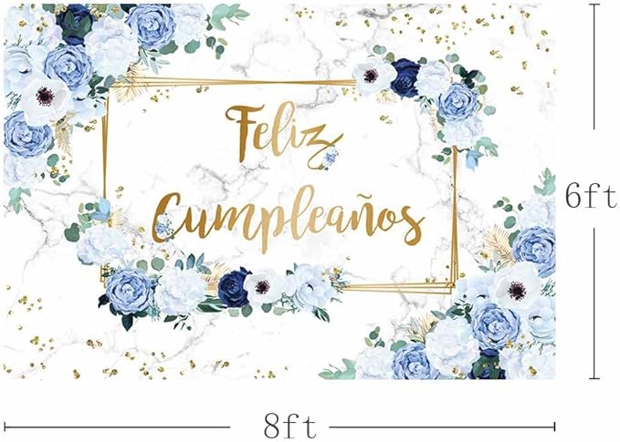 MEHOFOND 8x6ft Feliz cumpleaños Backdrop Blue and White Flowers Birthday Photography Background Girls Geometric Gold Glitter Dots Birthday Floral Party Decorations Cake Smash Decor Studio Photo Props