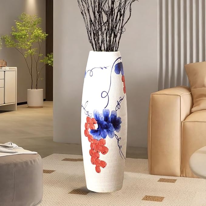 Tall White Floor Vase 32 inches, Thick Ceramic Rustic Vases Large for Home Decor Living Room, Painting Blue Grape Decorative Vases Wide Mouth Opening Corner Vase for Pampas Grass