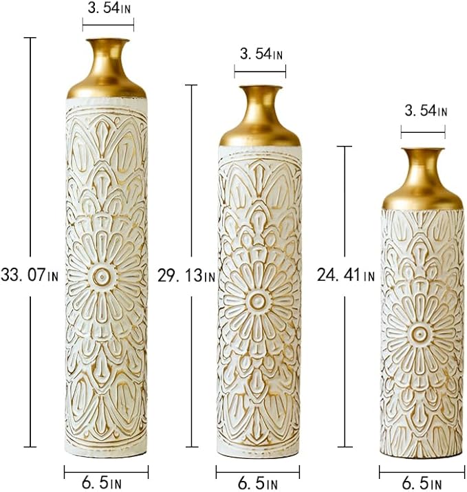 Floor Oversized Gold Metal Decorative Vase with 3D Triangle Pattern Set of 3 Large Vases for Home Living Room 33.5 ", 29.5 ", 25.2" High (White+Matte Gold)