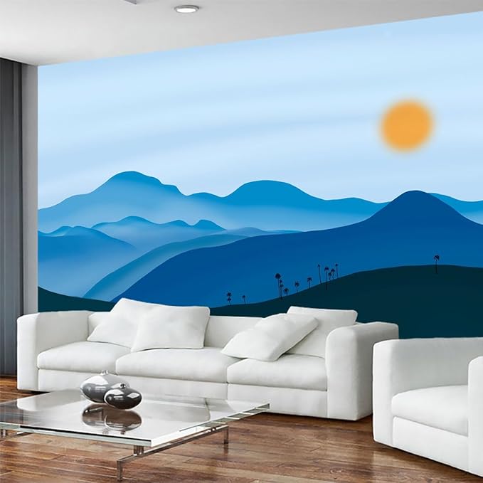 Hand-Painted Mountains and Sun Nature Landscape Mural, Large Art Background Wallpaper for Bedroom, Living Room, Bath Room(Non-self-Adhesive)