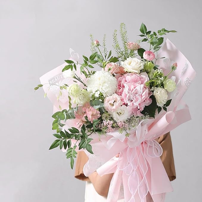 WRAPAHOLIC 20 Sheets Flower Wrapping Paper - 22.4 x 22.4 inch Pink Butterfly Water-Resistant Floral Bouquet Wrapping Paper, Florist Supplies Packaging for Wedding Birthday Gift DIY