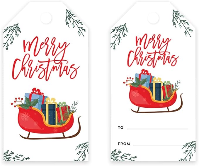 Andaz Press Christmas Holiday Season Classic Gift Tags, Merry Christmas to from Classic Favor Tags, Sleigh with Presents Design, for Holiday Events, Parties, and Favors,60-Pack