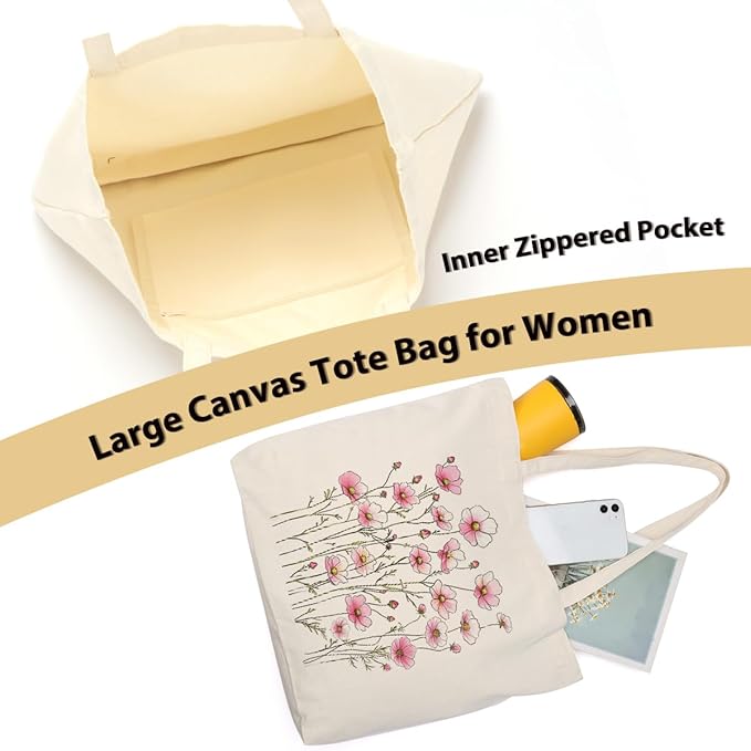 Aesthetic Floral Canvas Tote Bag for Women with Pocket, Tote Bags for Grocery Shopping Work Gym Christmas Birthday