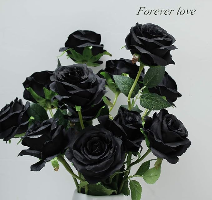 Laelfe 12 PCS Artificial Flowers Black Roses, Fake Silk Flower Long Stem Artificial Rose for Halloween Home Wedding Party Decorations(Black)