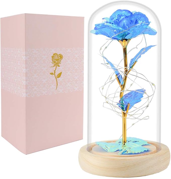 Beferr Mom Birthday Gifts for Women, Galaxy Glass Rose Forever Preserved Flowers for Delivery Prime Light Up Rose in Glass Dome Christmas Rose Gifts for Her Wife Daughter Friends, Blue
