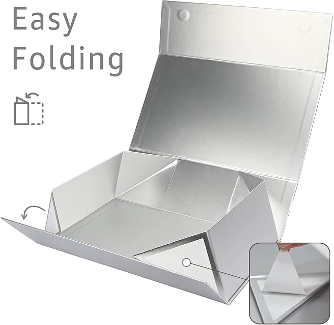 LIFELUM Gift Boxes with Lids,5 Pack 13.85 x 8.35 x 4.45 inch Silver Gift Boxes with Ribbon, Card, Shredded Paper Filler for Presents,Graduation,Christmas,Birthdays