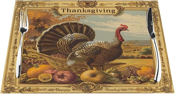 PVC Placemats Set of 6 Wipeable Table Mats Washable Heat Resistant Non Slip Vinyl Dining Table Mat for Kitchen Indoor Outdoor Patio Farmhouse Place Mats Retro Turkey Thanksgiving Decorative