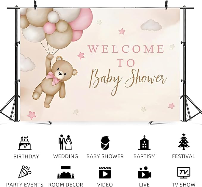 9x6ft Bear Baby Shower Backdrop Brown Pink Hot Air Balloon Photography Background Sky Cloud Star Welcome to Baby Shower Decorations Pregnancy Announcement Portrait Photo Booth Prop