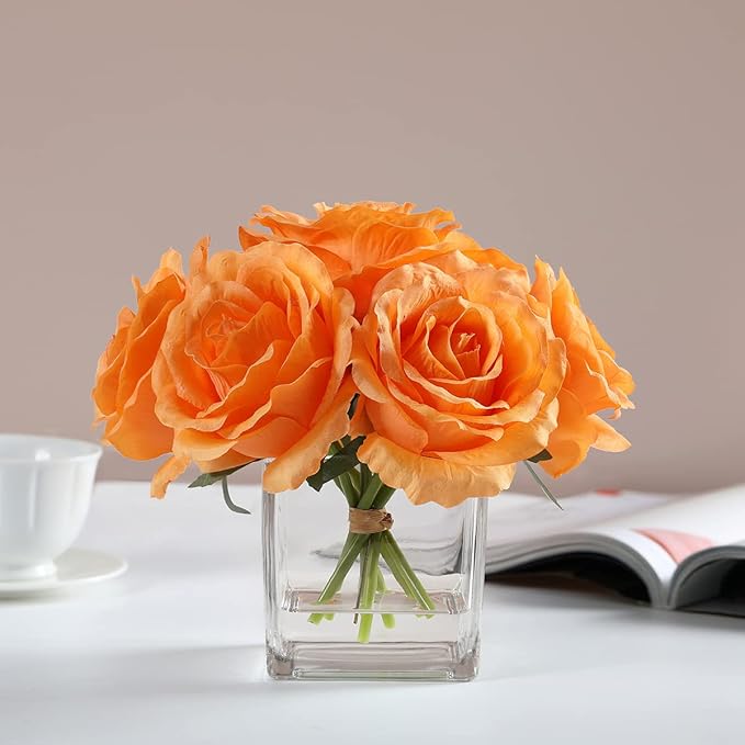 Silk Rose Artificial Flowers in Vase, Faux Floral Arrangement with Fake Water in Vase for Home Decor, Wedding Table (Orange)