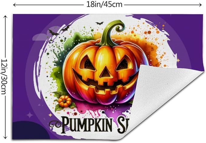 PVC Placemats Set of 6 Wipeable Table Mats Washable Heat Resistant Non Slip Vinyl Dining Table Mat for Kitchen Indoor Outdoor Patio Farmhouse Place Mats Funny Purple Halloween Pumpkin Decorative