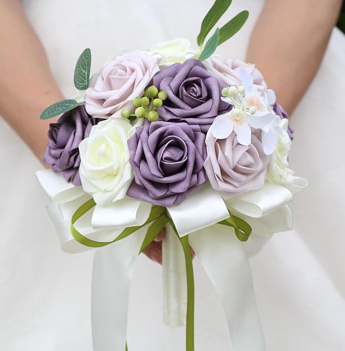 Lightweight Bridal Wedding Bouquet Round Holding Bouquet Throw Toss Artificial Rose Flower Bunch for Bride Bridesmaid Wedding Quinceanera (Cream, Deep Taro & Light Taro, 9.1")