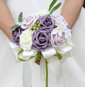 Lightweight Bridal Wedding Bouquet Round Holding Bouquet Throw Toss Artificial Rose Flower Bunch for Bride Bridesmaid Wedding Quinceanera (Cream, Deep Taro & Light Taro, 6.7")