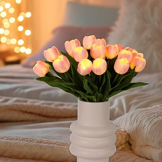 LED Lighted Artificial Tulip Lamp, Real Touch Tulip Flowers, 15 Inch Faux Tulip Bouquet with Battery Operated Lights for Gifts, Home Kitchedn Wedding Decor (Pink)