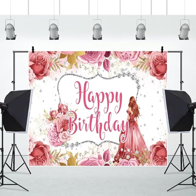 Princess Happy Birthday Backdrop 10x8ft Girls Watercolor Flower Floral Rose Diamond Decorations Photography Background Banner Photo Booth Studio