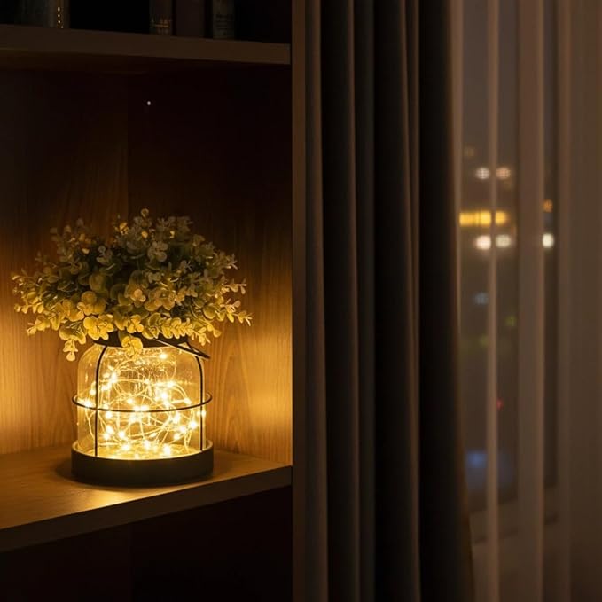 Vintage Glass Farmhouse Vase - Handmade Rustic Lantern Planter with Bonus Artificial Flowers & LED Lights (Home Decor Centerpiece), Farmhouse Wedding/Tabletop Decor, Housewarming Gift