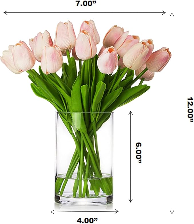 ENOVA FLORAL 20 Pieces Pink Tulips Artificial Flowers Real Touch in Vase, Fake Tulips Arrangements with Vase and Faux Water for Home Decoration, Dining Table, Wedding Centerpieces (Pink)