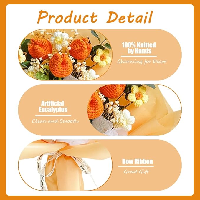Crochet Flower Tulip Bouquet: Handmade Artificial Flower Knitted Sunflower Bouquet for Festival Wedding Graduation Anniversary (Orange)