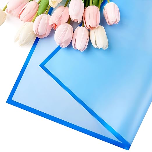 20 Sheets Blue Flower Wrapping Paper, Waterproof Floral Wrap Blue Edge Bouquet Wrapping Paper Florist Supplies (22.8 x 22.8 inch)