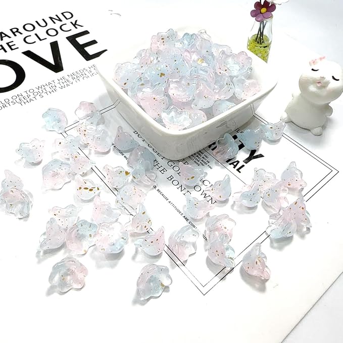 LadayPoa 100pcs Glass Bellflower Beads for Jewelry Making Trumpet Flower Beads Gradient Clear Cute Beads for Bracelets Making Aesthetic Bead Charms for DIY Necklace Decoration-Light Pink Blue Gold