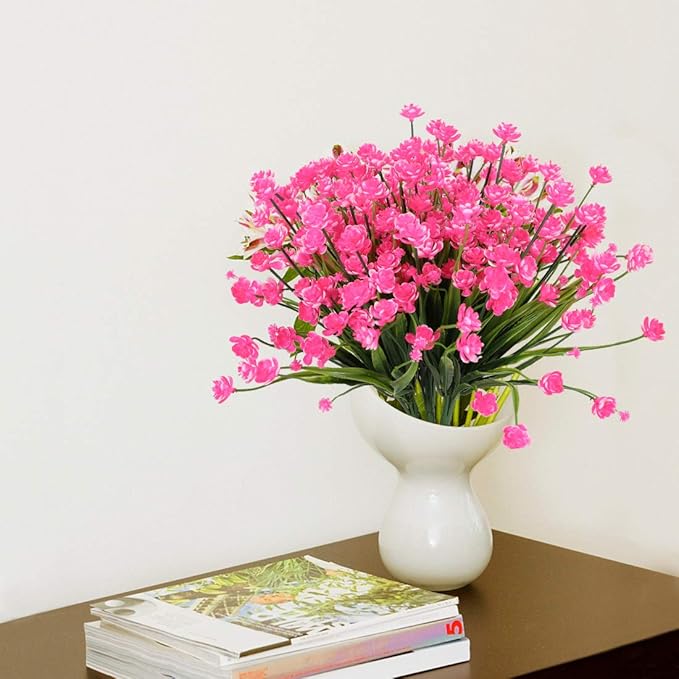 8 Bundles Artificial Flowers, Fake Artificial Greenery UV Resistant No Fade Faux Plastic Plants for Wedding Bridle Bouquet Indoor Outdoor Home Garden Kitchen Office Table Vase (Pink)