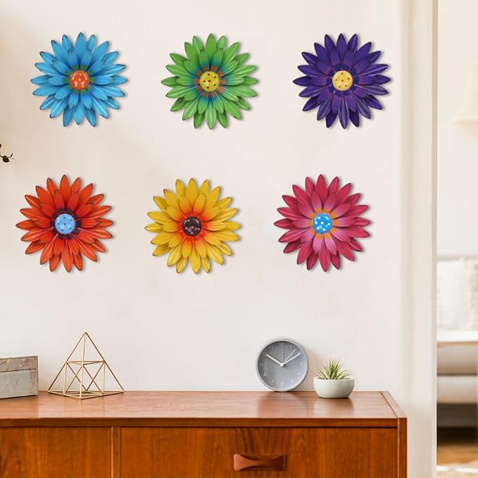 hogardeck Metal Flower Wall Decor - 6 PCS 8" Multicolor Flower Decor for Indoor Outdoor, Sunflower Kitchen Decor Floral Metal Wall Art, Sunflower Wall Decor for Bathroom, Living Room, Porch, Garden, Yard