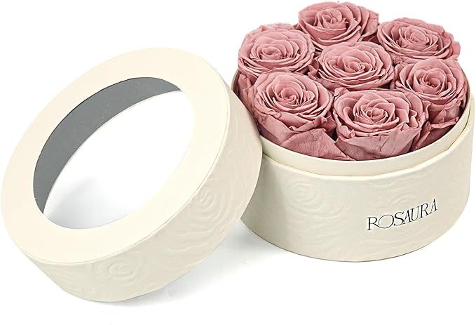 Rosaura Round Preserved Roses Gift Box - Real Forever Flowers for Birthday, Valentine's & Mother's Day (Cappuccino, 7 Roses)