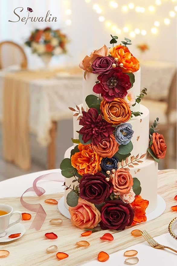 Serwalin Artificial Fall Flowers Orange Burgundy Silk Flowers Wedding Flowers Combo for Cake Home Party Decoration, Fake Flowers for Bridal Bouquets Floral Arrangements