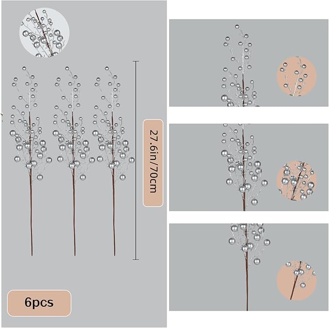 6 Picks Sliver Berry Twig Long Stems: Decorative Picks for Vases, Floral Arrangements, and Holiday Crafting (Silver)