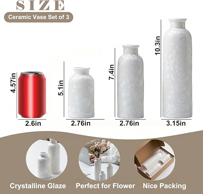 Modern Ceramic Vase Set of 3, White Crystalline Glaze Colors, Decorative Bottles for Home, Farmhouse Rustic Decor (Crystalline Glaze White)