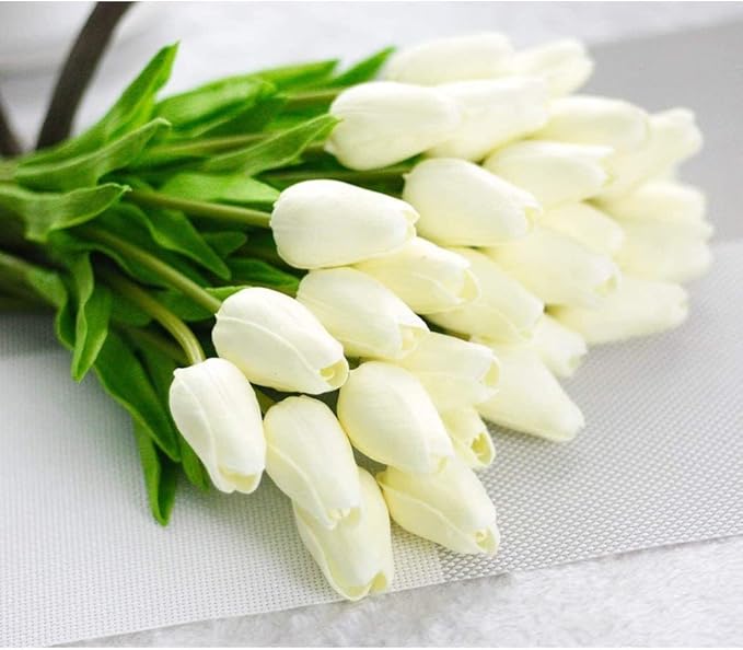 NIDONE Artificial Tulips Flowers Real Touch Tulips Holland PU Bouquet Latex Flower White for Wedding Party Office Home Kitchen Decoration 30pcs (White)
