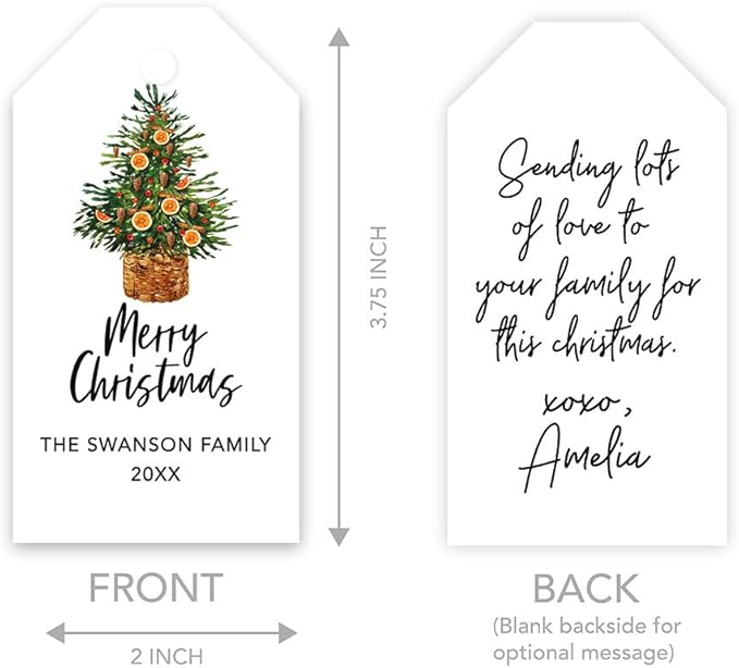 Andaz Press Personalized Christmas Holiday Season Classic Gift Tags, Merry Christmas Custom Family Name and Year, Citrus Christmas Tree Design, for Holiday Events, Parties, and Favors, 60-Pack