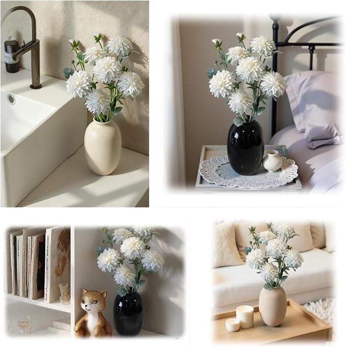 Dahlia Artificial Flowers, 23 inch White Silk Flowers with 6 Heads, Realistic Faux Floral Stems for Wedding Centerpieces and Home Decor