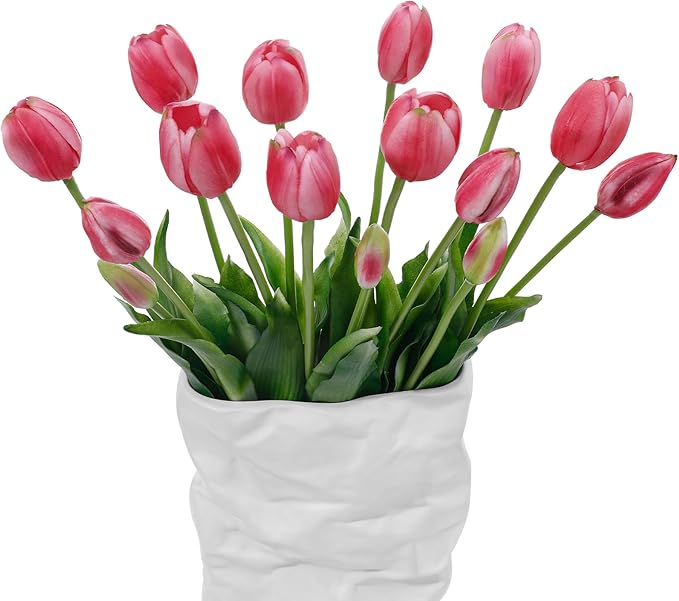 15 Pcs Deep Pink Artificial Flowers Tulips Real Touch Latex Plastic Soft Faux Bouquets for Party, Wedding, Home, Room, Garden Decor