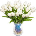 Artificial Tulips Flowers Real Touch Tulips Holland PU Bouquet Latex Flower White for Wedding Party Office Home Kitchen Decoration 30pcs (White)