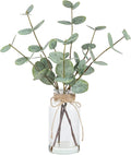 Artificial Eucalyptus Stems in Glass Vase with Faux Water, 15" Eucalyptus Fake Plants with Double-Sided Green Leaves for Home, Bathroom, Office, Farmhouse, Shelf Coffee Table Decor