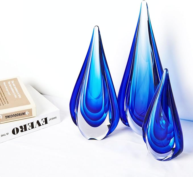Luxury Lane Hand Blown Water Drop Sommerso Art Glass Sculpture for Home Decor 13 inch Tall Centerpiece Table Decoration