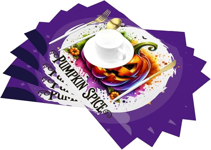 PVC Placemats Set of 4 Wipeable Table Mats Washable Heat Resistant Non Slip Vinyl Dining Table Mat for Kitchen Indoor Outdoor Patio Farmhouse Place Mats Funny Purple Halloween Pumpkin Decorative