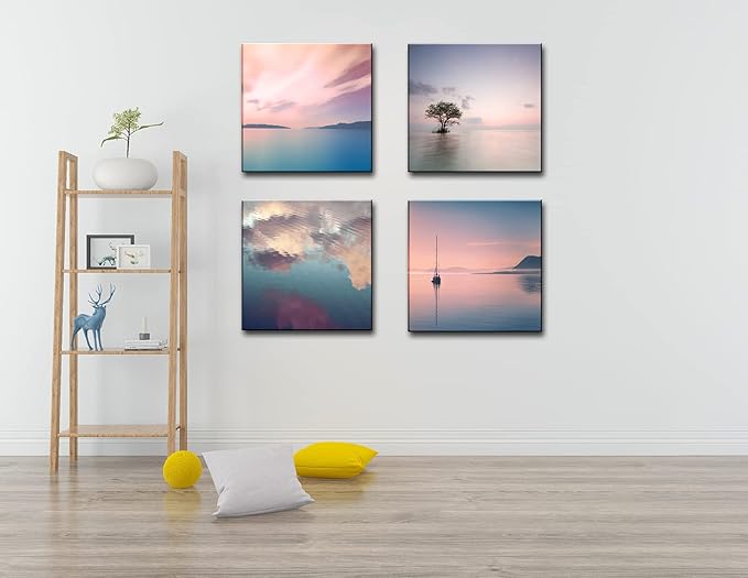dgbtcart Romantic Sunset Beach Canvas Wall Art - Ocean Pictures Prints Colorful Seascape Painting Artwork for Bedroon Living Room, Bathroom - Office Kitchen Wall Decor 16"x 16" x 4 Panels