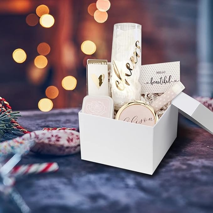 Briful Square Gift Boxes with Lids Set of 4 White Gift Box Assorted Sizes Nesting Gift Boxes for Presents Birthday Bridesmaid Wedding Valentines Christmas Party Favor Boxes