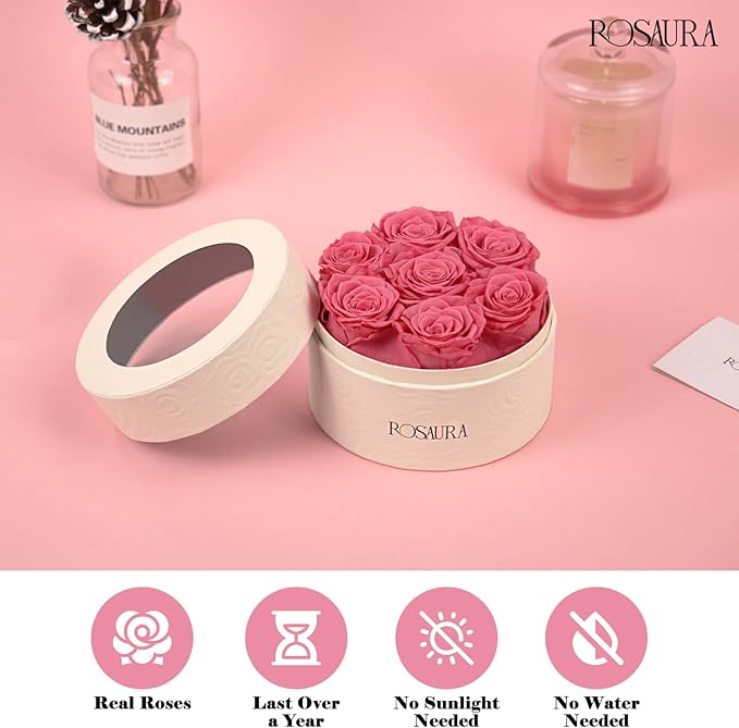 Rosaura Round Preserved Roses Gift Box - Real Forever Flowers for Christmas, Birthday, Valentine's & Mother's Day (Pink, 7 Roses)