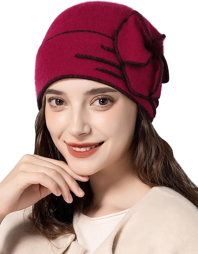 Sumolux Beanie Hats for Women Wool Skull Cap Beret Floral Cuffed French Vintage Dress Cloche Classic Winter 1920s