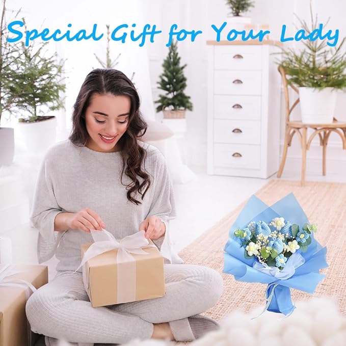 Crochet Flower Tulip Bouquet: Handmade Artificial Flower Knitted Sunflower Bouquet for Festival Wedding Graduation Anniversary (Blue)